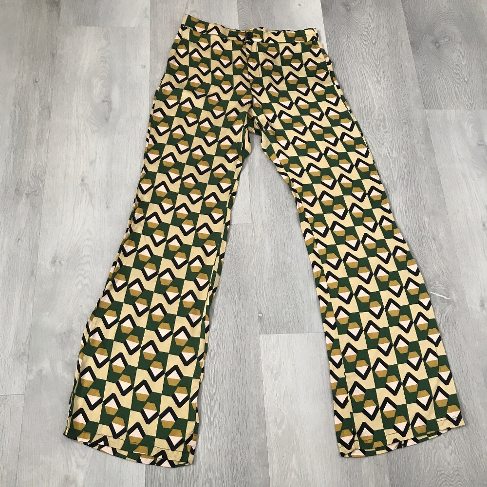 ZARA PALOZZO ALL OVER PRINT SATIN BOOTCUT GEO PANT WOMENS SMALL